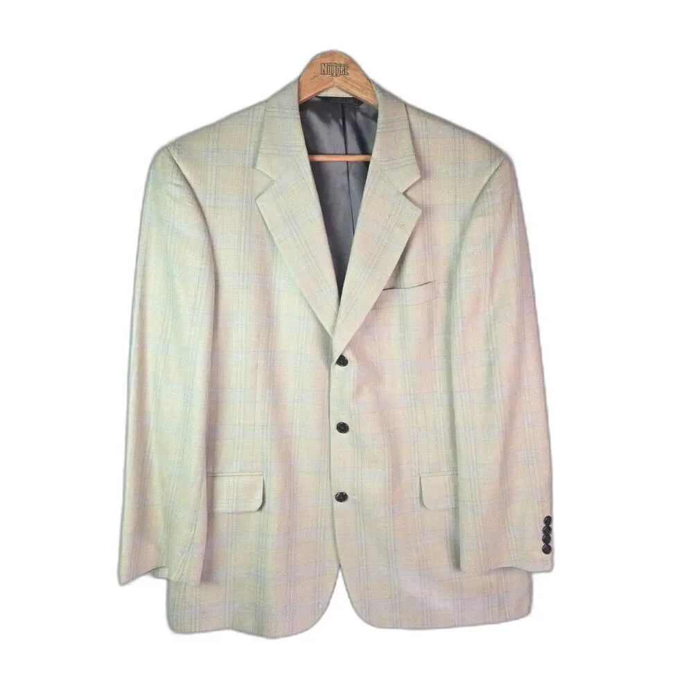 Tom James Innocenti Oro Mens Sport Coat 40R Pale Yellow Blue Plaid Tailored